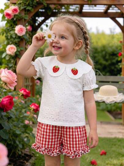 Baby Girl Summer Casual Countryside Vacation Style Strawberry Applique Ruffle Collar Puff Sleeve Schiffy Top And Gingham Print Frill Hem Shorts Set