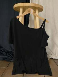 SHEIN LUNE Camiseta casual de uso diario de unicolor y hombros descubiertos para mujer - Negro - Ver 3