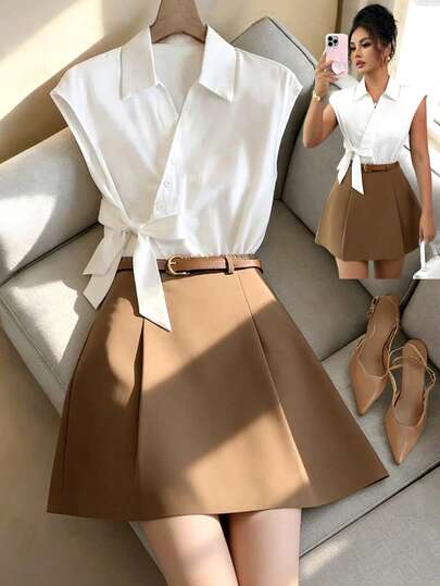 SHEIN Elenzya Nuevo conjunto de 2 piezas de diseño elegante y ajustado con cuello en V, decoración de falso pliegue y diseño de lazo en unicolor tejido para mujer, uso versátil diario