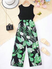 Sparklyn 2pcs Tween Girl Plain Crew Neck Sleeveless Top And Long Pants Set - Green - View 2