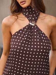 L'Amorae High Neck Gold Ornament With Sash Polka Dot Chiffon Top Vacation Wedding Guest Romantic Getaway - Brown - View 2