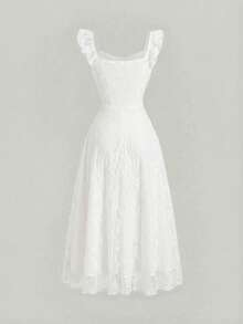 少女休闲优雅针织蕾丝荷叶边腰连衣裙，白色雪纺连衣裙，法式仙女裙，适合情人节、婚礼季等场合，蕾丝连衣裙 - 白色 - 查看 3