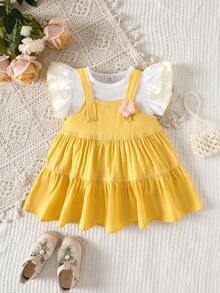 SHEIN Playful Pals 2026春夏柔软舒适面料时尚单品，SS26度假旅行必备，女童两件套休闲学院风短袖上衣和吊带裙套装，适合夏季度假穿着 - 黃色 - 查看 4