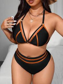 Swim SXY Plus Size 2pcs Halter Metallic Triangle Bikini Set, Classic Criss-Cross Sexy Beach Vacation Swimsuit - Black - View 3