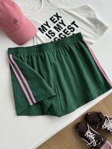 Comfortcana Plus Size Women Retro Sports Style Casual Brown Contrast Stripe Shorts - Green - View 6