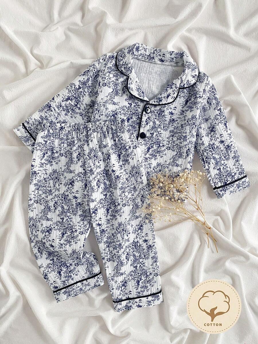 女婴藏蓝色可爱小熊蝴蝶结印花柔软纯棉两件套睡衣 - 长袖上衣和裤子 - 藏蓝色 - 查看 1