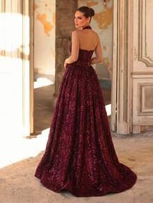 Aureia 优雅浪漫的酒红色提花面料露背连衣裙，优雅派对礼服，婚礼宾客礼服，酒红色正式晚礼服，时尚正式礼服，伴娘礼服，正式晚宴礼服 - 酒紅色 - 查看 3