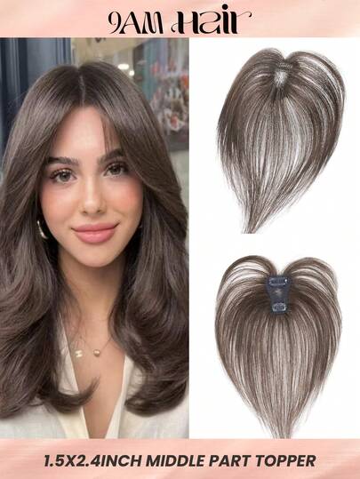 Brown Virgin Human Hair Topper Middle Part 4X6CM Invisible Swiss Net Hair Piece Straight Topper Volume Enhancer Hidden Crown Extension For Thinning Hair Clip-In For Women