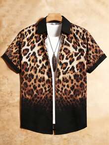 Manfinity Roughcore Men's Luxury Digital Leopard Print Short Sleeve Shirt,Black Summer Casual Vacation Holiday Animal Pattern Shirt For Weekend Travel Streetwear - Multicolor - View 1