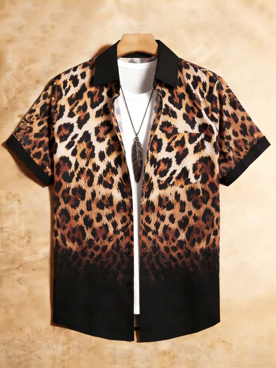 Manfinity Roughcore Men's Luxury Digital Leopard Print Short Sleeve Shirt,Black Summer Casual Vacation Holiday Animal Pattern Shirt For Weekend Travel Streetwear - Multicolor - View 1