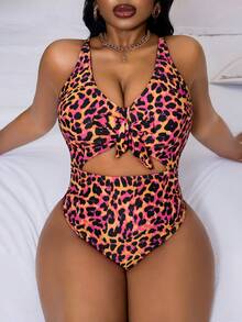 Slaydiva Traje de baño de una pieza con estampado de leopardo aleatorio elegante y de moda para mujer de talla grande - Multicolor - Ver 1