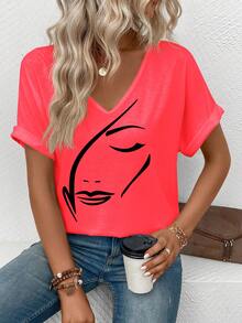 Selamara Áo thun nữ tay ngắn cổ chữ V in họa tiết trừu tượng, kiểu dáng thường ngày, đa năng, bán chạy nhất, hàng mới về. - Đỏ - Xem 4