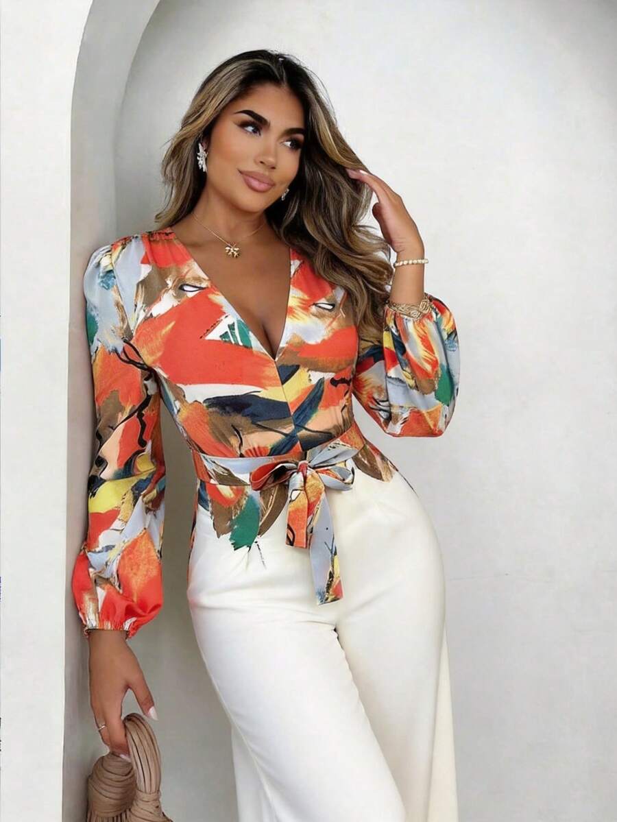 Xyvia Damen V-Ausschnitt Jumpsuit mit geraffter Taille, modischer Alltag Outfit - Verschiedenfarbig - Übersicht 1