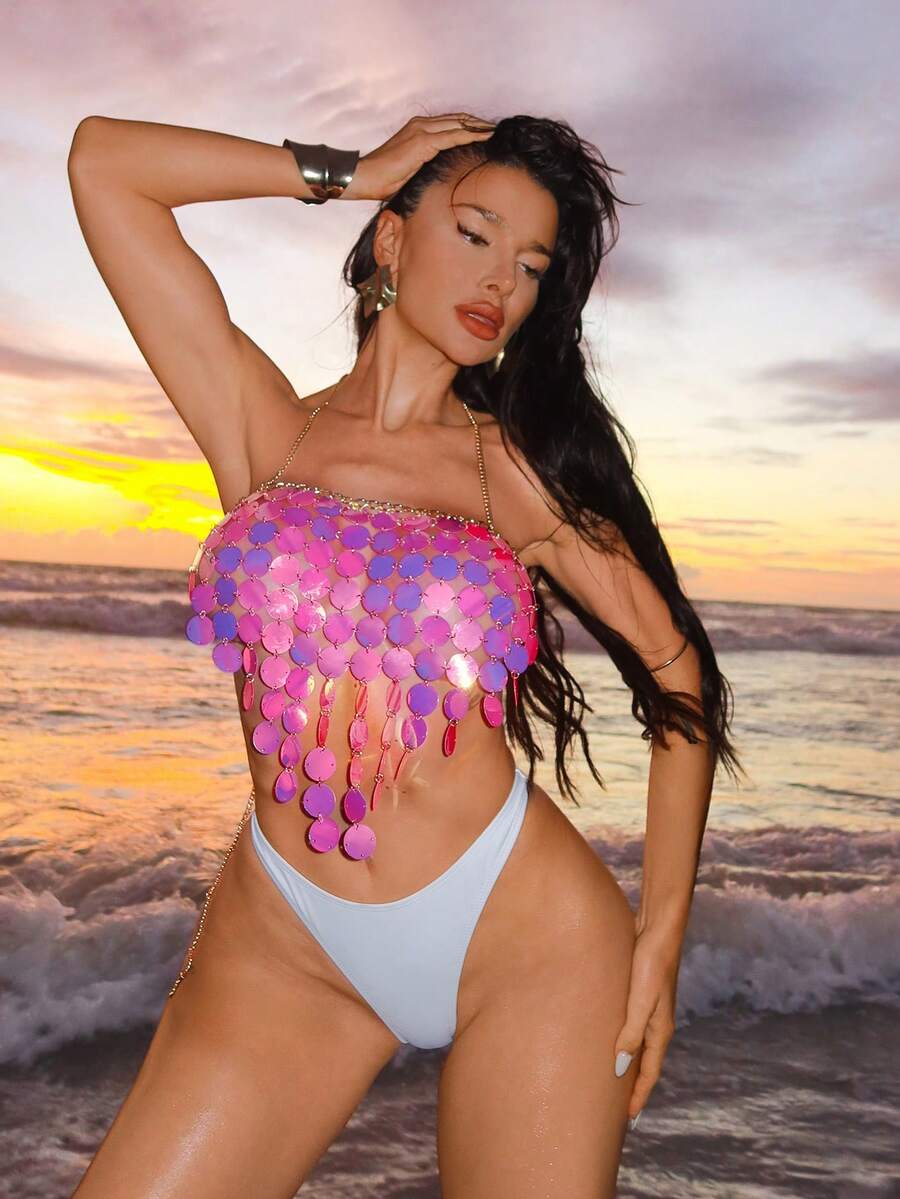 Swim Vcay Shiny Tassel Sequin Bikini Cover Up, Beach Party Music Festival Zestiva Swimsuit Bikini Sets Cover Up Bikinis Set For Women With Cover Up Swimsuits For Woman Club Yummy Control Bathing Suit - Gold - View 1