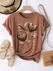EMERY ROSE 大码女式休闲向日葵豹纹短袖圆领T恤 - 棕色 - 查看 1