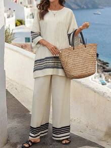 Balvessa 2pcs/Set Women Casual Vacation Summer Placement Print Pattern Round Neck Loose Comfortable Shirt + Pants - Apricot - View 4