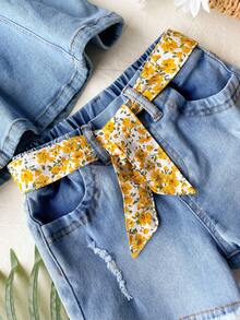 SHEIN Girls (Small) 3 PiecesCasual Denim Set, New Fashionable Minimalist Design, Blue Washed Denim - Blue - View 4