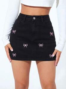 Falda mezclilla corta bordada con moños todas y cremallera - Negro - Ver 6