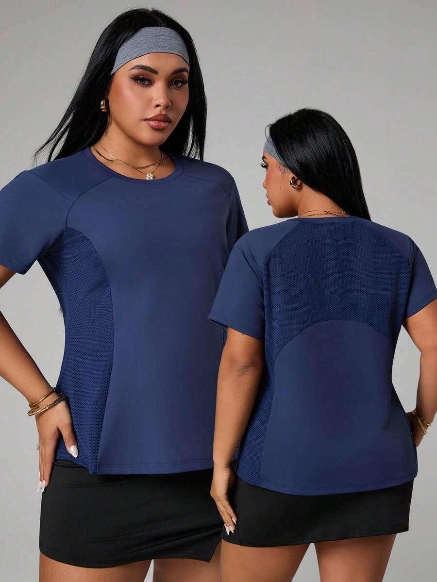 SHEIN Unity 大码女式纯色简约休闲圆领短袖T恤 - 藏蓝色 - 查看 1