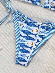 Swim Vcay 2件套新款吊带白色底蓝色鱼纹蝴蝶结性感女士坦克泳衣 - 彩色 - 查看 4