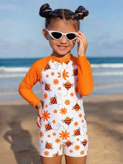Traje de baño de una pieza para niñas, diseño de contraste de color naranja y blanco con estampado de abeja y floral, con cremallera media, adecuado para vacaciones de verano y playa