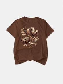 EMERY ROSE 大码女式休闲向日葵豹纹短袖圆领T恤 - 棕色 - 查看 3
