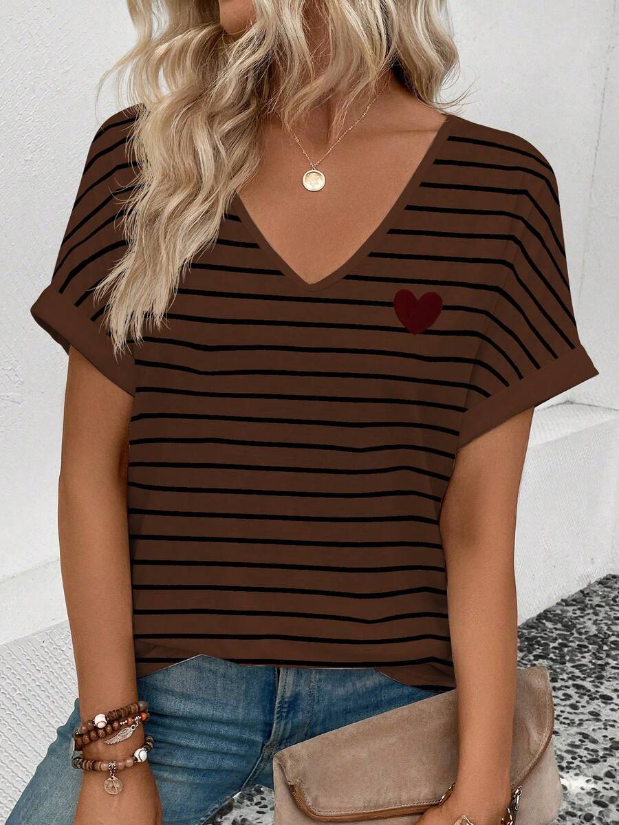 SHEIN LUNE Women's V-Neck Short Sleeve Loose Striped Heart Pattern T-Shirt, Best Seller - Multicolor - View 1