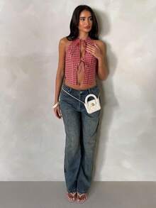 Glamine Retro Plaid Backless Spaghetti Strap Camisole Top For Women, Summer Vacation Style - Red - View 2