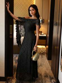 Modelyn Women's Elegant Asymmetrical Shoulder Long Dress For Party - Black - View 10
