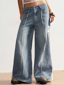 Bohemela Women's Casual Boho Solid Color Denim Contrast Lace Wide Leg Pants Vacation White And Blue Autumn - Blue - View 7