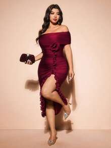 Cravure Plus Size Women's New Elegant Party Burgundy Romantic 3D Rose Off Shoulder Ruffle Hem Slit Waist Formal Maxi Dress - Burgundy - View 1