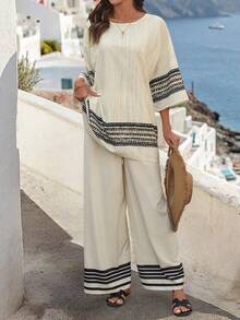 Balvessa 2pcs/Set Women Casual Vacation Summer Placement Print Pattern Round Neck Loose Comfortable Shirt + Pants - Apricot - View 3