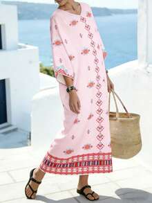 SHEIN Najma Áo choàng dài tay cánh dơi cổ chữ V phối họa tiết vỏ sò in kỹ thuật số, kiểu dáng rộng rãi cho nữ, họa tiết hoa lá, thích hợp cho mùa xuân/hè. - Nhiều màu - Xem 5
