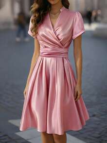 Balvessa Women's Elegant Notched Neck Ruched A-Line Dress, Flattering Waist Design, Glossy Fabric, Suitable For Commuting And Outings In Spring/Summer - Pink - View 1