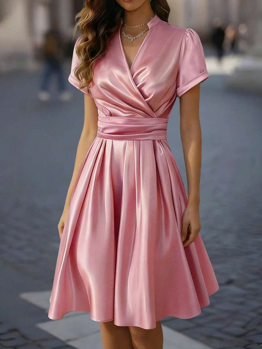 Balvessa Women's Elegant Notched Neck Ruched A-Line Dress, Flattering Waist Design, Glossy Fabric, Suitable For Commuting And Outings In Spring/Summer - Pink - View 1