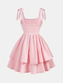 SHEIN Soft Pink,Summmer,Modest,Picnic Tween Girls Elegant Spaghetti Strap Bowknot Ruched Waist A-Line Layered Textured Dress For Tea Party Easter Vacation - Pink - View 3