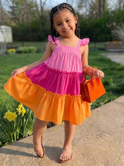 SHEIN Young Girl Woven Contrast Color Square Collar Ruffle Hem Casual Dress