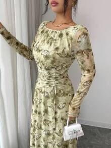 Modelyn Vestido de manga larga con pliegues y vuelo, con estampado digital, de moda para primavera/verano - Multicolor - Ver 8