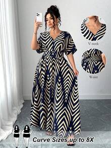 SHEIN CURVE+ Plus Size Multicolor Random Print V Neck Long Casual A Line Wrap Dress With Half Batwing Sleeves - Multicolor - View 1