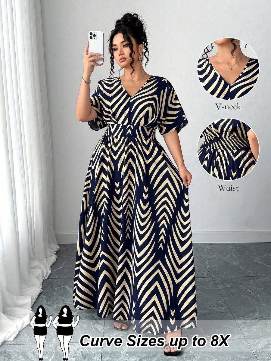 SHEIN CURVE+ Plus Size Multicolor Random Print V Neck Long Casual A Line Wrap Dress With Half Batwing Sleeves - Multicolor - View 1