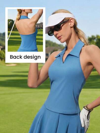 CourtClass Women's Solid Color Halter Neck Golf Polo Shirt