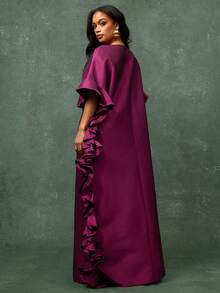 Vixey Boat Neck Off Shoulder Ruffle Detail Maxi Flowy Taffeta Dress - Red Violet - View 4