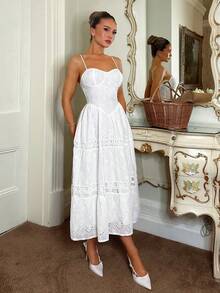 Glamine Charm 花卉装饰提花拼接收腰纯色长款连衣裙，适合海滩度假复古休闲春夏穿搭，日常旅行搭配，大A字露背性感女士时尚优雅白色长裙，春夏必备 - 白色 - 查看 6