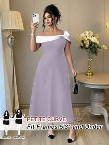 SHEIN PETITE Gaun A-Line Midi Wanita Ukuran Plus Elegan dengan Blok Warna, Tali Bahu Tipis, Bahu Terbuka, dan Pita, Musim Panas - Purple - View 3