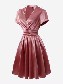 Balvessa Women's Elegant Notched Neck Ruched A-Line Dress, Flattering Waist Design, Glossy Fabric, Suitable For Commuting And Outings In Spring/Summer - Pink - View 7