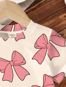 SHEIN Baby Girl Casual Cute Pink Bow Print Short Sleeve Round Neck T-Shirt, Suitable For Summer - Multicolor - View 5