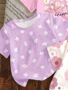 Souflis Souflis Set da 3 pezzi di magliette casual e carine per bambina, con stampe floreali e di lettere, collo rotondo, maniche corte. Outfit versatile e multicolore adatto per primavera/estate e vacanze - Multicolore - Visualizzare 4