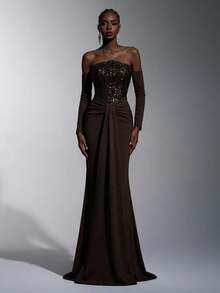 Elitara Elitara Elegant, Romantic, Sexy, Minimalist, Brown, Beaded Fabric, Stretchy Fabric, Long Sleeve, Fishtail Hem, Fashionable, Holiday, Vacation, Birthday Party, Wedding Event, Formal Dinner Dress - Coffee Brown - View 6