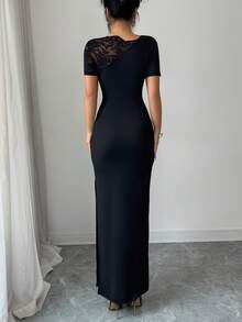 Rafferiza 女士优雅性感黑色蕾丝拼接不对称肩部修身开衩下摆舒适连衣裙 - 黑色 - 查看 2