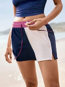 SHEIN Women's Low-Stretch Color Block Shorts - Navy Blue - View 9